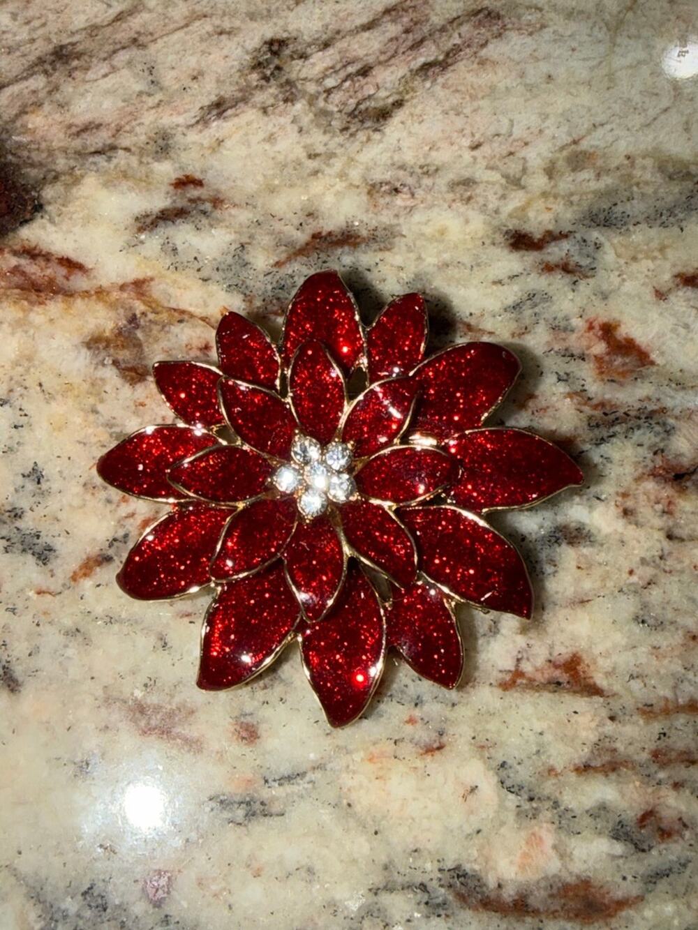 Red Enamel Glitter Poinsettia Christmas Brooch Pin